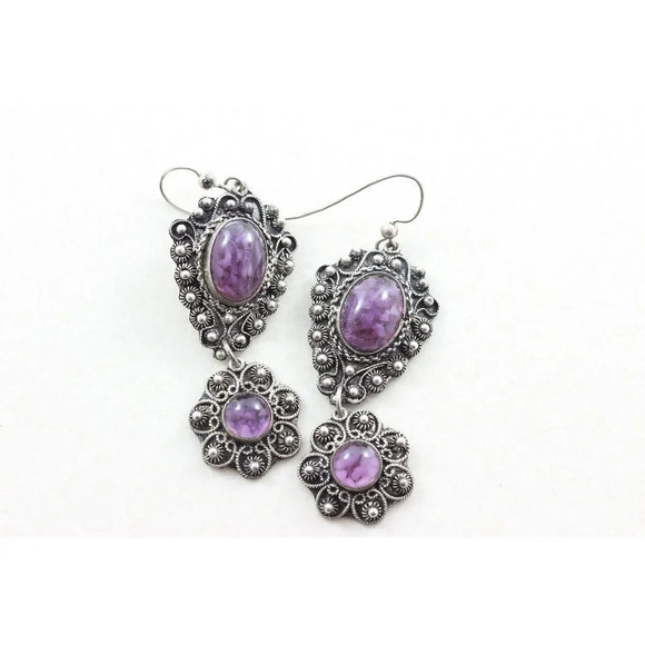 900 Silver Vintage Purple Glass Flower Dangle Drop Earrings - Picture 1 of 5